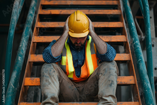 Sad Construction Worker Sitting on Metal Stairs at Work Holding Head | Stress, Fatigue, Mental Health in Construction, Challenges Faced by Workers