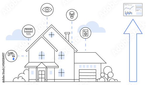 House with icons connected to smart home systems. Ideal for tech, automation, security, energy efficiency, home management, smart devices, internet of things. Line metaphor
