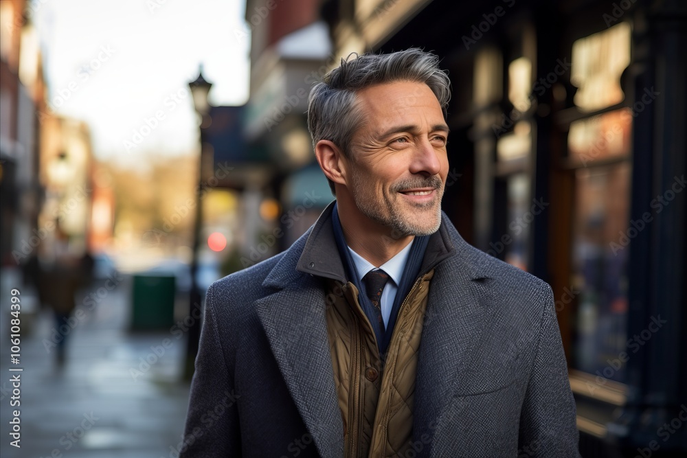 Handsome middle-aged man in a blue jacket and brown tie on the street Handsome middle-aged man in a blue jacket and brown tie on the street