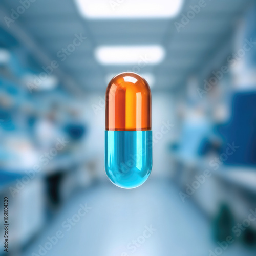 3d medical pill capsule floats in the air against a blurred interior of medical lab, close up view, low depth of field, photorealistic details