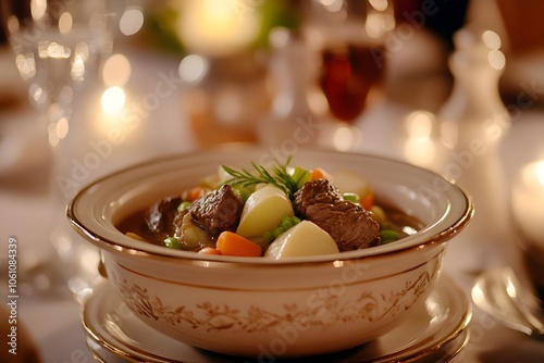 Close-up of traditional Pot-au-Feu in a vintage soup tureen with tender beef, carrots, leeks, and turnips in rich broth. Set on a classic restaurant table with rustic French decor and warm lighting photo