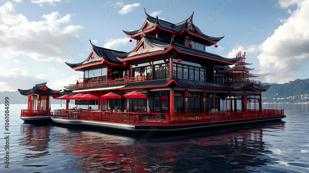 Fototapeta premium 3d render of a floating restaurant on sea backdrop, chinese building. Floating Cityscape. Illustration
