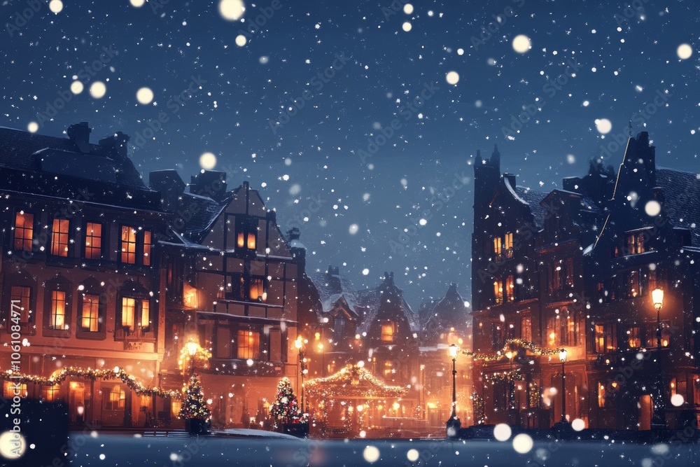 historic European town square, transformed with Christmas lights and decorations, snowflakes falling gently, magic of holiday xmas season historic European town square, transformed with Christmas lights and decorations, snowflakes falling gently, magic of holiday xmas season