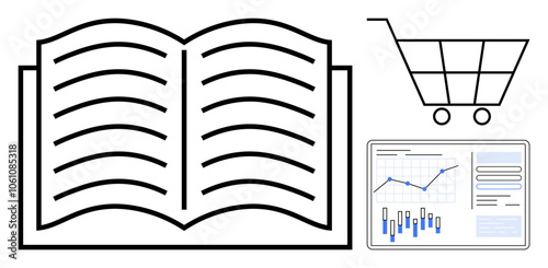 Open book, shopping cart, and financial graph. Ideal for education, online shopping, financial analysis, business strategy, research, data presentation, e-learning. Line metaphor