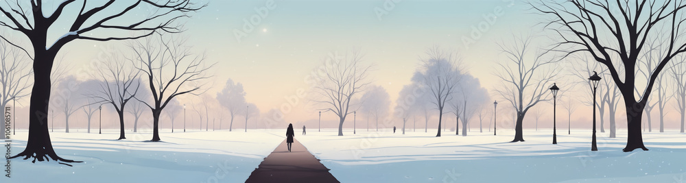 A solitary girl walks through an empty winter park with bare trees under a soft pastel sky at dusk A solitary girl walks through an empty winter park with bare trees under a soft pastel sky at dusk