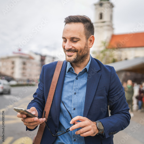 Adult man businessman walk and use mobile phone on bus station