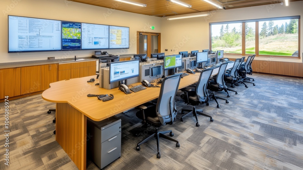 Modern Computer Lab with Large Display Board and Panoramic Windows Modern Computer Lab with Large Display Board and Panoramic Windows