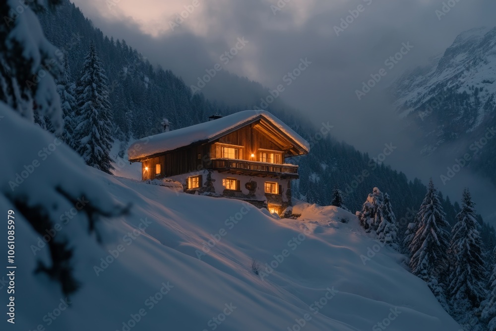 Fototapeta premium hotel chalet in the Alps at sunset, the warm glow of lights contrasting against the cold, snowy winter landscape