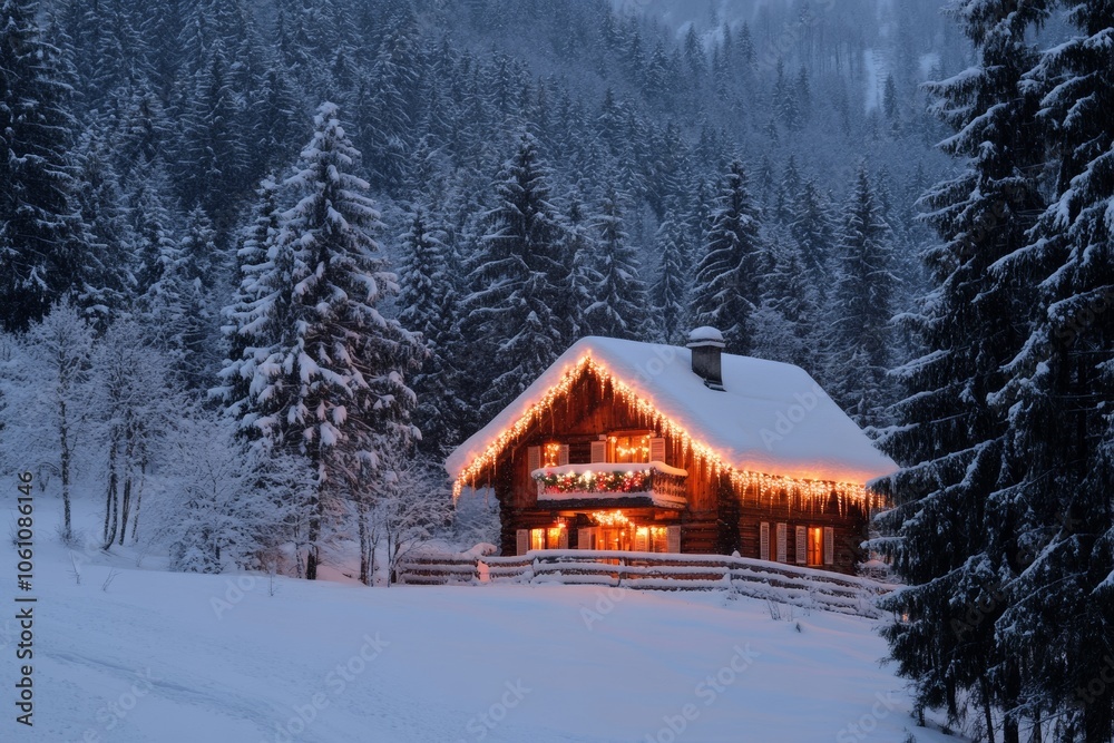 ski resort hotel - chalet in the Alps with festive Christmas lights, snow blanketing the roof and surrounding winter forest ski resort hotel - chalet in the Alps with festive Christmas lights, snow blanketing the roof and surrounding winter forest