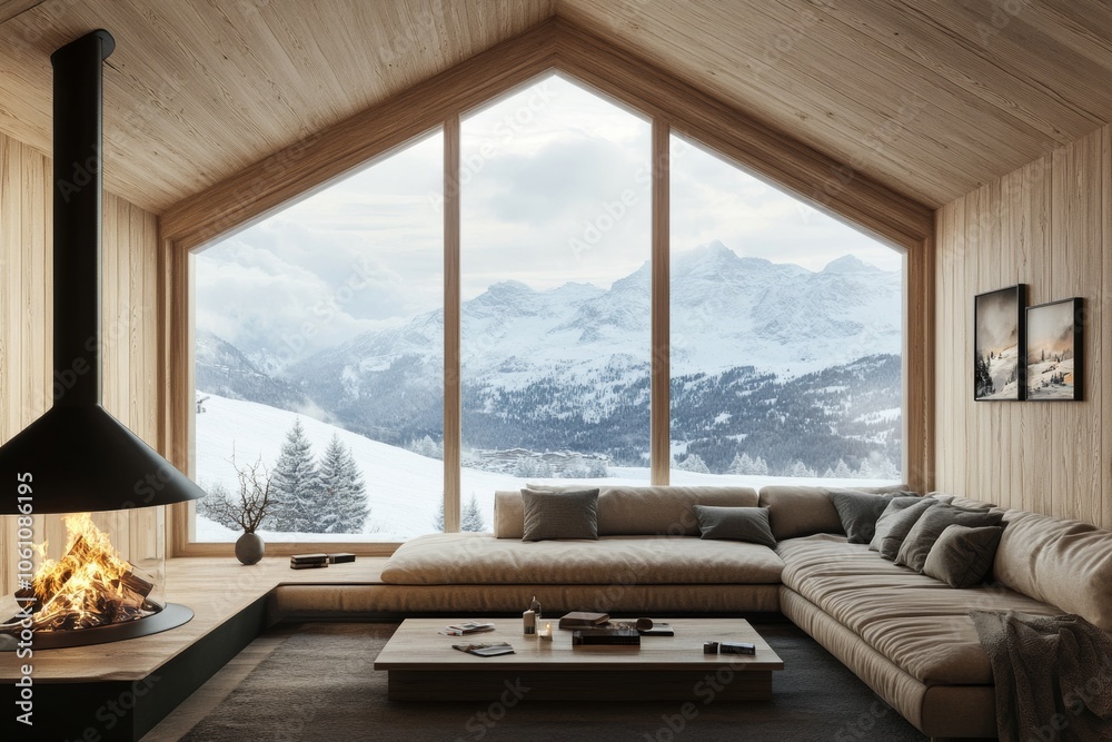 Fototapeta premium wooden hotel chalet interior with a large, inviting sofa in front of a crackling fire in fireplace , wooden walls, and a panoramic window showing a snowy alpine landscape