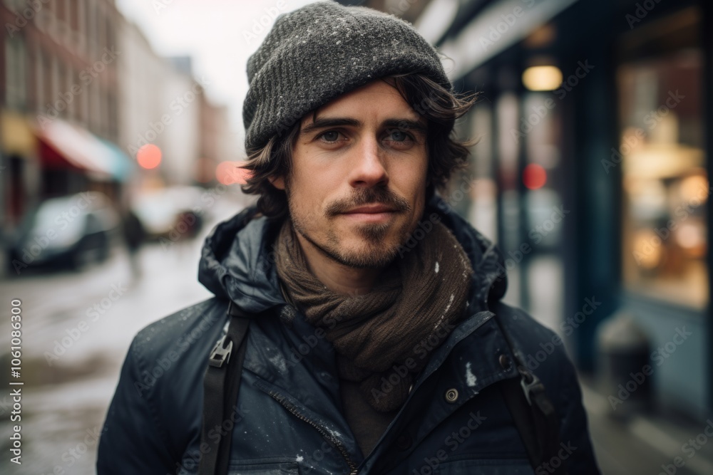 Handsome young man in a hat and jacket on the street Handsome young man in a hat and jacket on the street