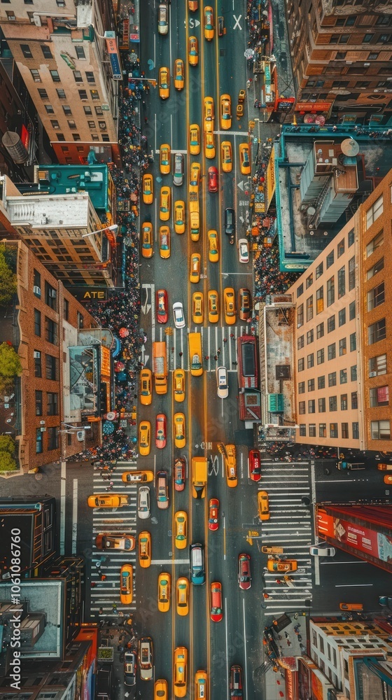 Obraz premium Aerial drone view of a bustling city skyline with towering modern skyscrapers and high rise buildings crowded streets filled with cars buses