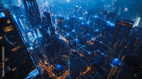 Smart digital city with connection cyber security network reciprocity over the cityscape . future smart wireless digital city and social media networking systems that connects people within the city