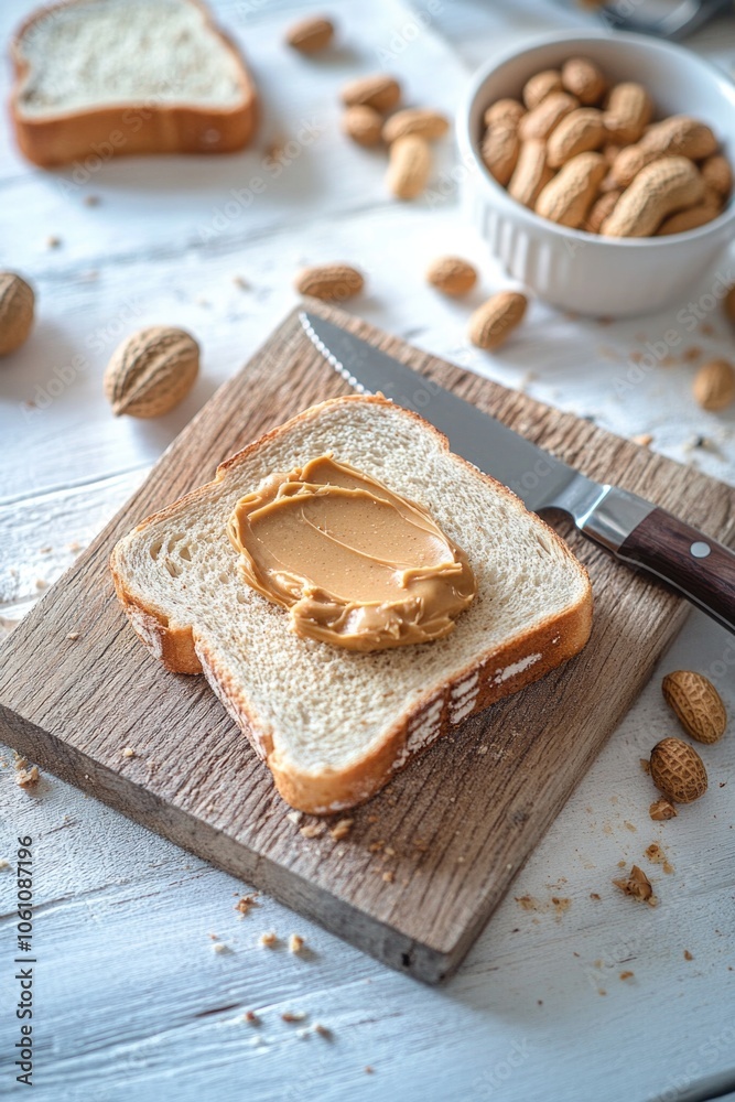 Homemade peanut butter sandwich with knife on wooden table. Slice of bread, creamy peanut butter, and peanuts in background. Homemade peanut butter sandwich with knife on wooden table. Slice of bread, creamy peanut butter, and peanuts in background.