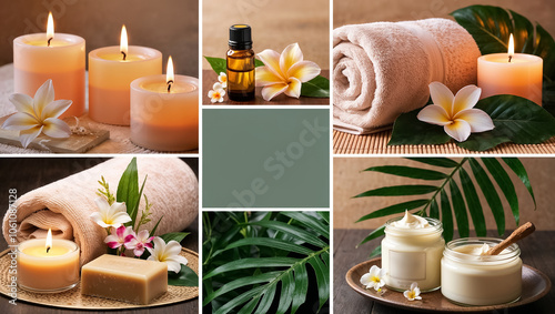 Beautiful collage on a spa theme, flowers, candles, cream