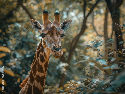 A giraffe among green leaves. photo