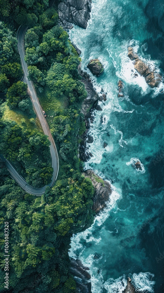 Breathtaking aerial overhead view of a lush verdant tropical jungle landscape with a winding river cascading waterfall and rugged cliffs and mountains  This serene