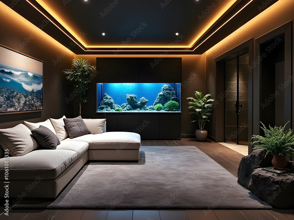 Elegant interior design space cozy reading area with soft lights, aquarium, and white sofa Elegant interior design space cozy reading area with soft lights, aquarium, and white sofa