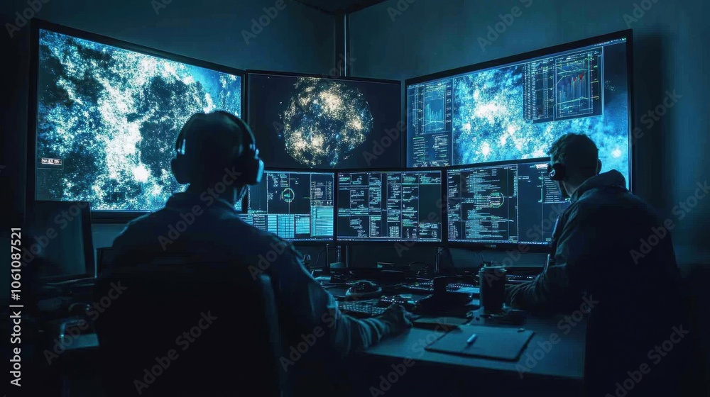 Futuristic Control Room with Multiple Screens Displaying Data Futuristic Control Room with Multiple Screens Displaying Data