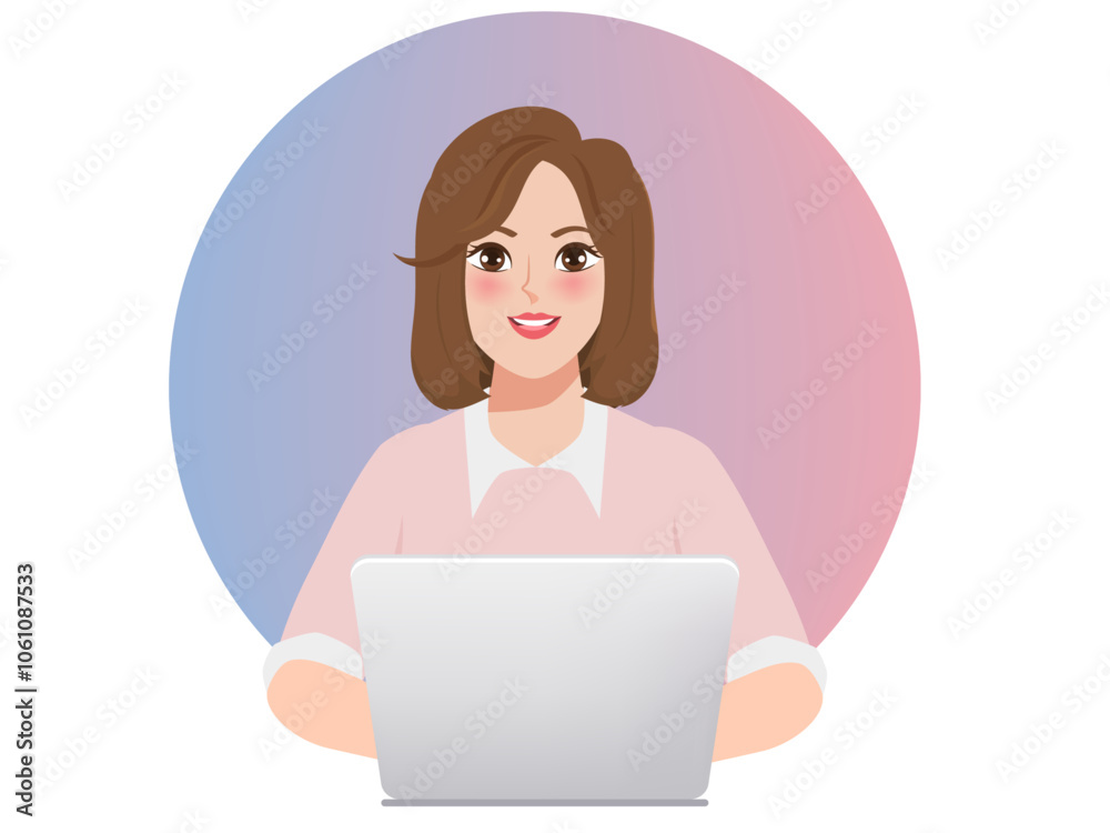 Business woman using a laptop computer to communication character. Isolated vector illustration. Business woman using a laptop computer to communication character. Isolated vector illustration.