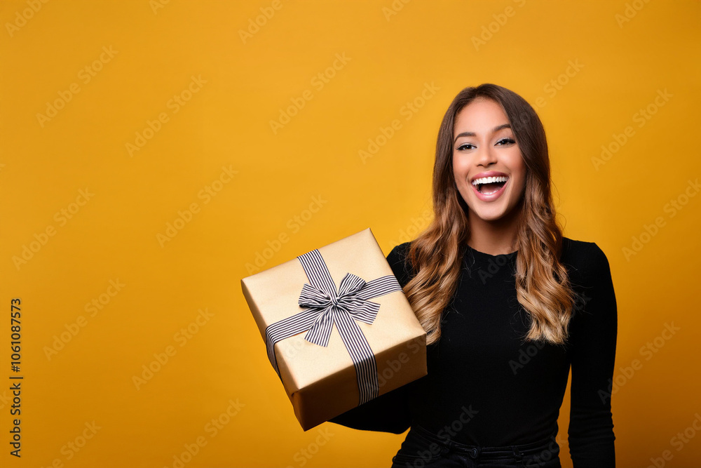 Black friday sale concept. Shopping woman holding grey bag isolated on dark background in blackfriday holiday. Black firday in neon lights. Black friday sale concept. Shopping woman holding grey bag isolated on dark background in blackfriday holiday. Black firday in neon lights.