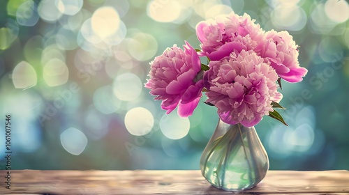 Fototapeta Naklejka Na Ścianę i Meble -  Pink Peonies in Vase: Pink peonies arranged in a vase with a bokeh background, creating a soft, retro-styled photo.