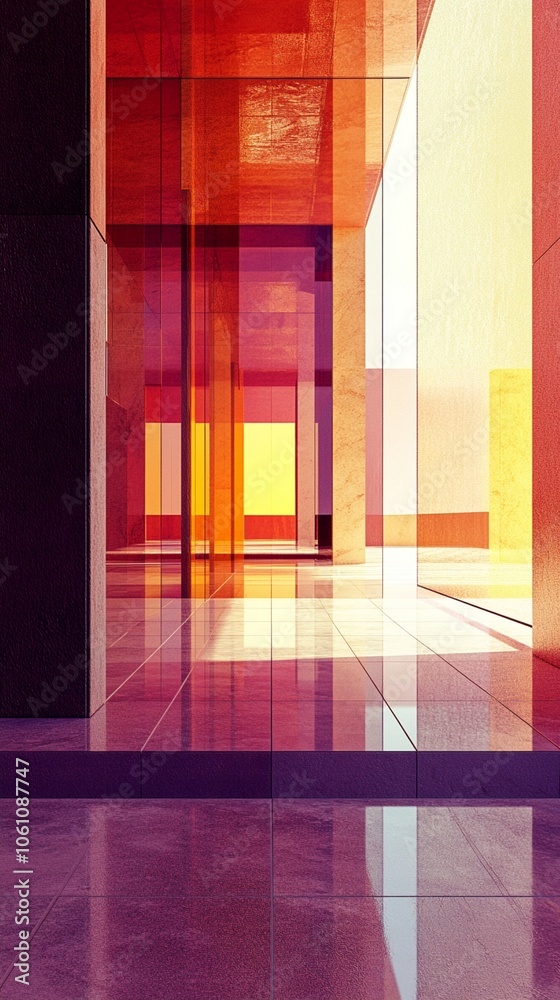 Abstract architectural interior with vibrant overlapping geometric shapes in red, yellow, and purple, creating a mesmerizing play of light and transparency. Abstract architectural interior with vibrant overlapping geometric shapes in red, yellow, and purple, creating a mesmerizing play of light and transparency.