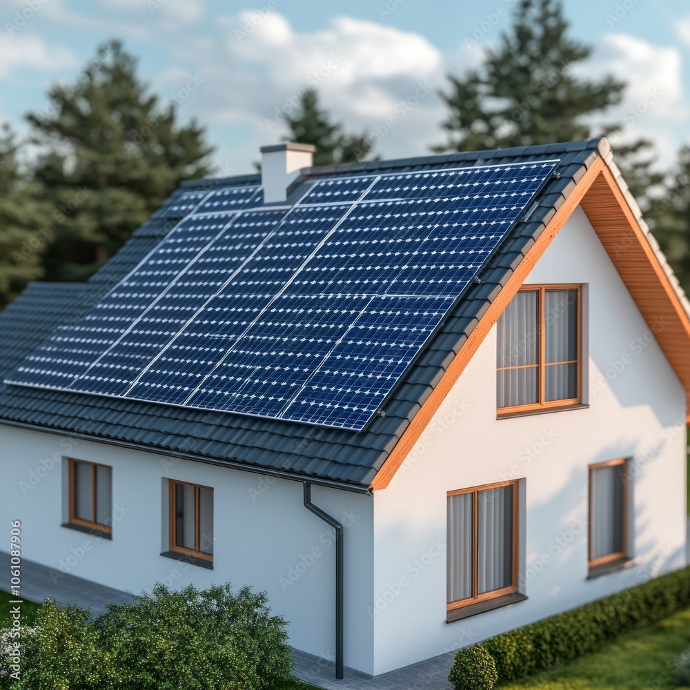 Modern suburban home with solar panels on the roof. Modern suburban home with solar panels on the roof.
