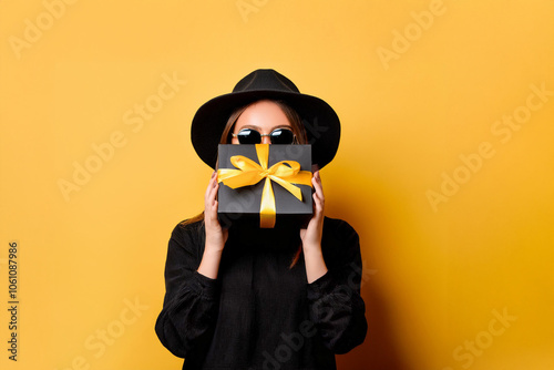 Black friday sale concept. Shopping woman holding grey bag isolated on dark background in blackfriday holiday. Black firday in neon lights. Covered face. photo