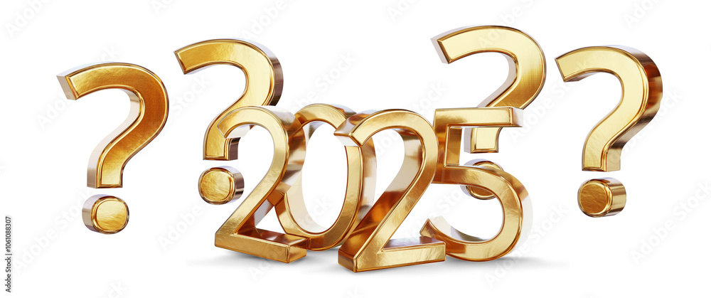 question marks symbol icon and year 2025, bold letters number 2025 as new year and sylvester as luxury and good best changes, isolated gold metallic glossy shiny color question marks symbol icon and year 2025, bold letters number 2025 as new year and sylvester as luxury and good best changes, isolated gold metallic glossy shiny color