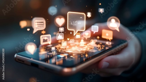 Wallpaper Mural a person holding a cell phone with social icons coming out of it and a glowing screen in the background, Edi Rama, futurism, technology Torontodigital.ca