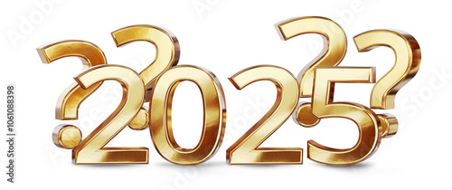 question marks symbol icon and year 2025, bold letters number 2025 as new year and sylvester as luxury and good best changes, isolated gold metallic glossy shiny color