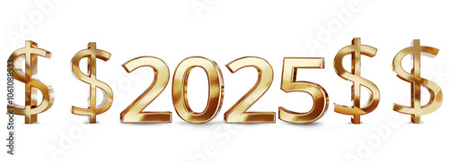 year 2025, bold letters number 2025 as new year and sylvester as luxury and good best changes, isolated gold metallic glossy shiny color and USD as US-Dollar