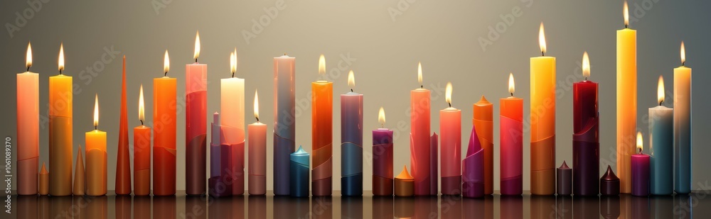 A colorful display of lit candles arranged in a row, creating a warm ambiance. A colorful display of lit candles arranged in a row, creating a warm ambiance.