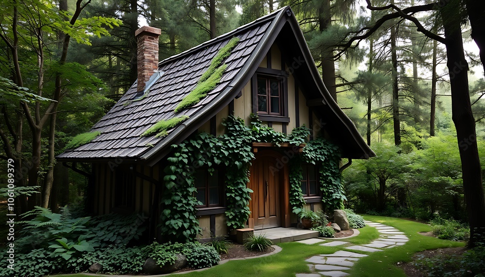 A quaint, old-world, storybook-style house with a steeply pitched roof, adorned with vines and a charming wooden door, set amidst a lush green forest with a winding path leading up to the entrance. A quaint, old-world, storybook-style house with a steeply pitched roof, adorned with vines and a charming wooden door, set amidst a lush green forest with a winding path leading up to the entrance.