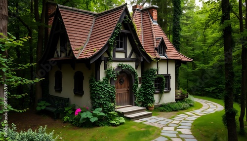 A quaint, old-world, storybook-style house with a steeply pitched roof, adorned with vines and a charming wooden door, set amidst a lush green forest with a winding path leading up to the entrance.