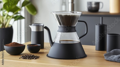 A black glass pour-over coffee maker with a black handle and a black base on a wooden table.