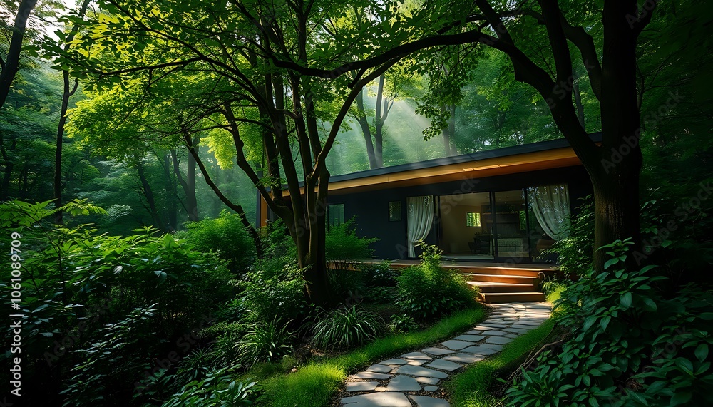 A serene, modern retreat nestled deep within a vibrant, emerald forest, where the gentle slope of the roof and expansive windows blend seamlessly into the surrounding foliage. A serene, modern retreat nestled deep within a vibrant, emerald forest, where the gentle slope of the roof and expansive windows blend seamlessly into the surrounding foliage.