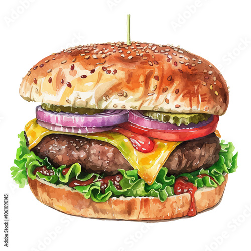 A watercolor vector of a Cheeseburger, isolated on a white background.