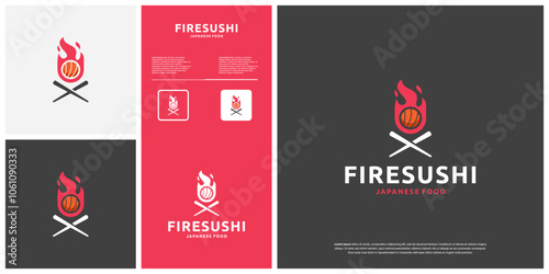 fire and sushi logo, with campfire concept, Japanese food, graphic design template.