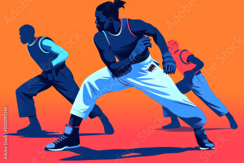 Collaborative Martial Arts Practice. A dynamic illustration of three male athletes, one with a top knot, training in a group, showcasing agility and coordination. 