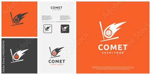 sushi logo with comet fire tail concept, japanese food, speed, graphic design vector.