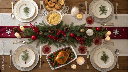 An aerial view of a festive Christmas dining table beautifully set with an array of traditional holiday dishes. In the center of the table, there is a stunning Christmas-themed centerpiece, featuring