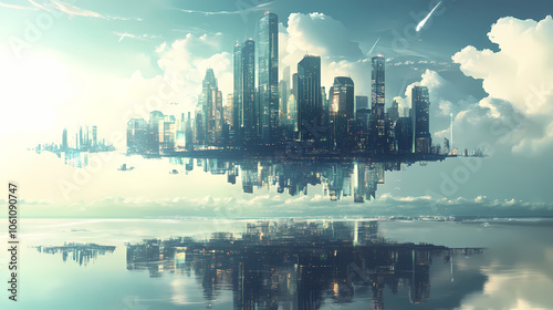 A tranquil cityscape with buildings that defy gravity, floating above a peaceful sea. Floating Cityscape. Illustration