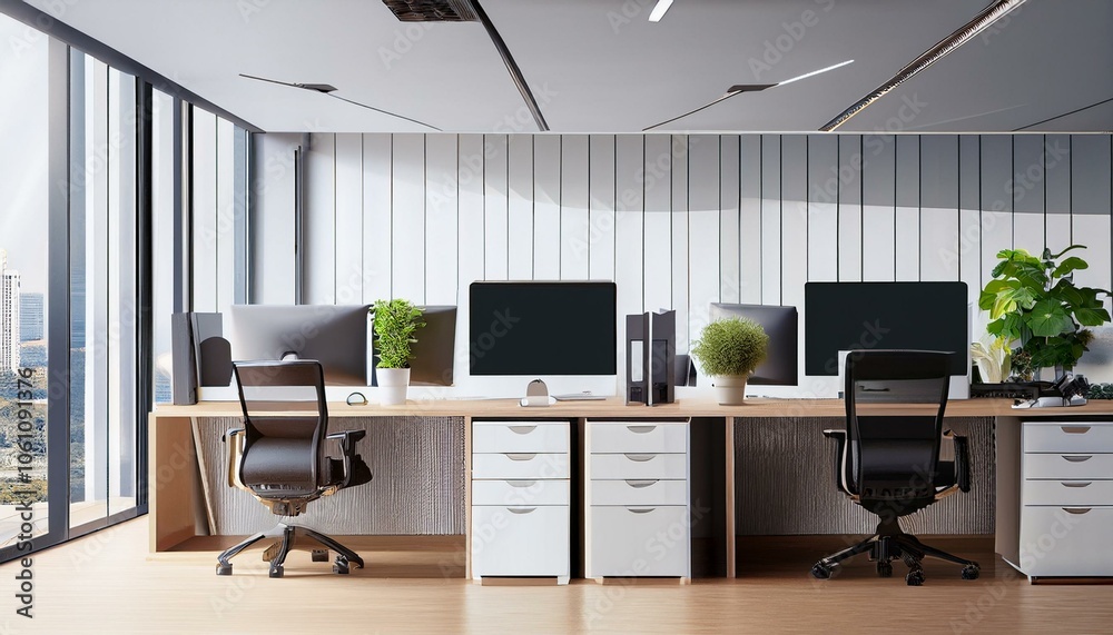 Modern office interior design with desks and computers. 3D Rendering Modern office interior design with desks and computers. 3D Rendering