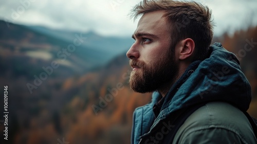 Solitary man in outdoor gear hiking through mountainous woodland during autumn. Serene atmosphere of wilderness and tranquility.