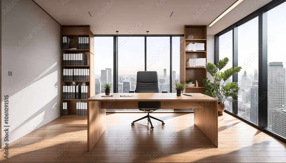 Modern office interior featuring a wooden desk, shelves with files, and a large blank wall space. Minimalistic design with large windows. Concept of workspace mockup. 3D Rendering Modern office interior featuring a wooden desk, shelves with files, and a large blank wall space. Minimalistic design with large windows. Concept of workspace mockup. 3D Rendering