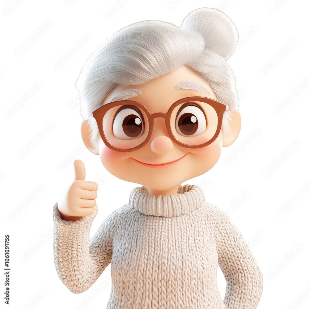Happy elderly woman with glasses and thumbs up gesture cartoon character senior adult female showing approval like sign isolated on Transparency Background 3d rendering illustration positive feedback
