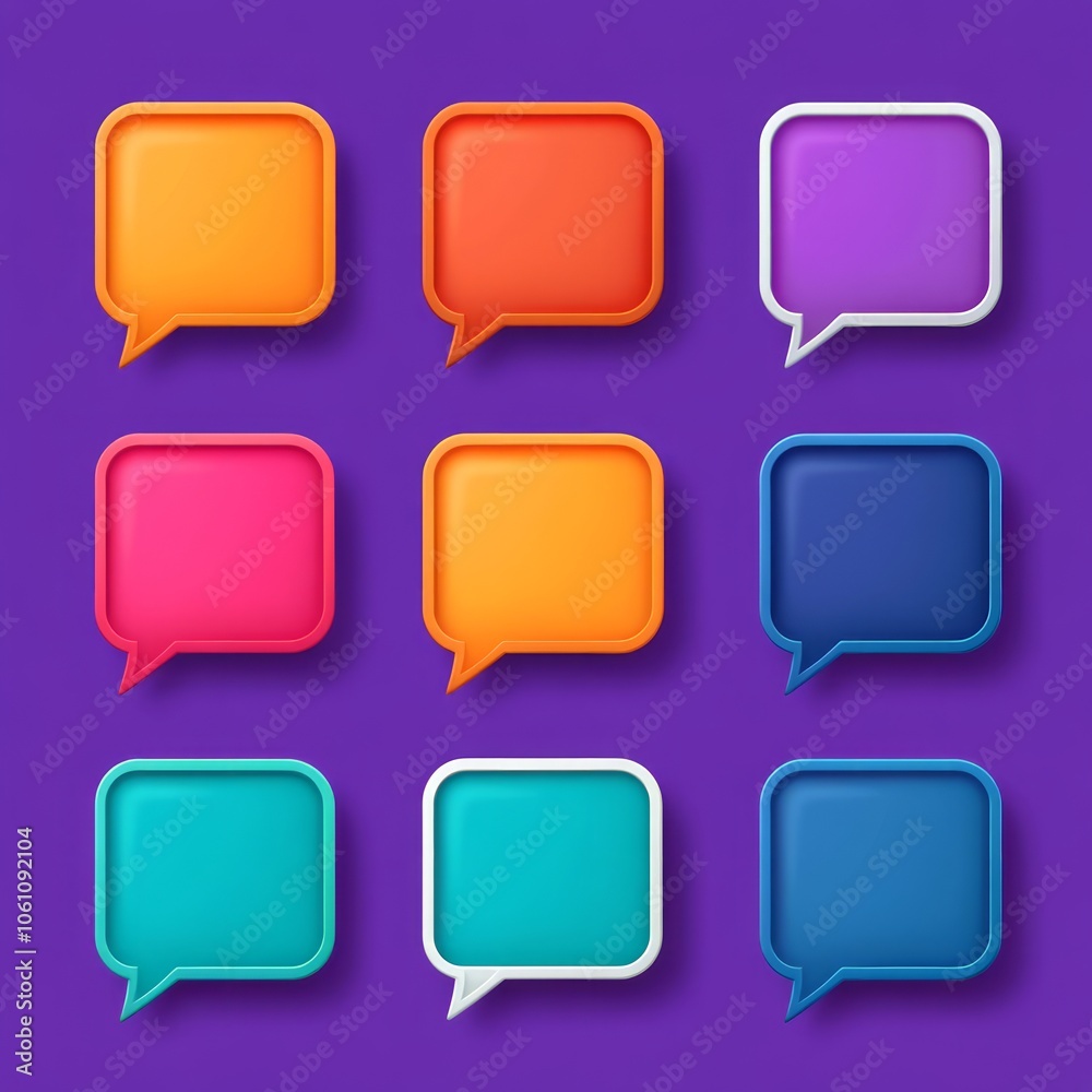 Nine Colorful Speech Bubbles with 3D Effect on Purple Background. Nine Colorful Speech Bubbles with 3D Effect on Purple Background.