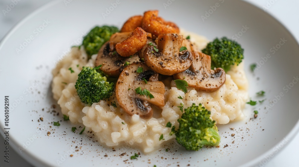 Creamy mushroom and broccoli risotto served on a kitchen counter with black pepper seasoning in a neat and appetizing arrangement Creamy mushroom and broccoli risotto served on a kitchen counter with black pepper seasoning in a neat and appetizing arrangement